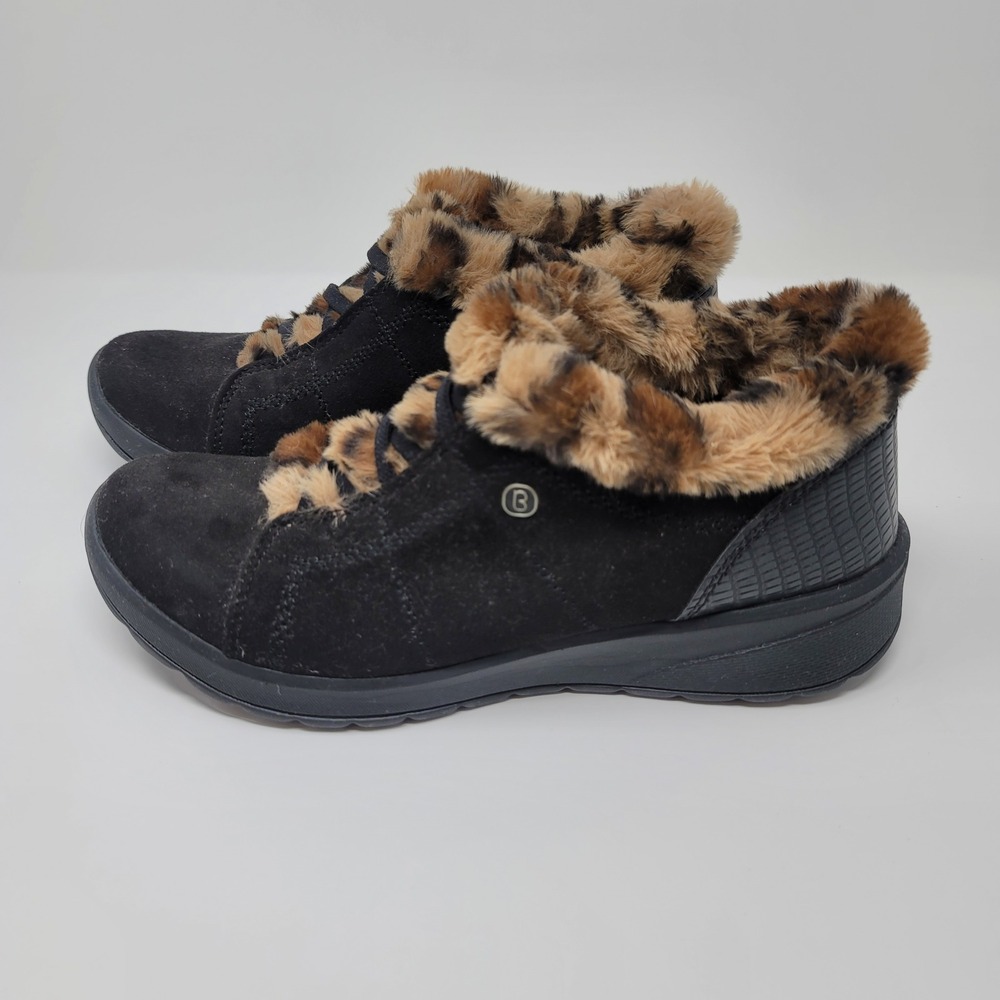 Bzees Golly Black Leopard Faux Fur SlipOn Ankle Boot Bootie 8W Machine Washable - Picture 3 of 12